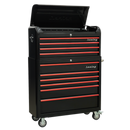 Retro Style Extra Wide Topchest & Rollcab Combination 10 Drawer-Black with Red Anodised Drawer Pull | Pipe Manufacturers Ltd..