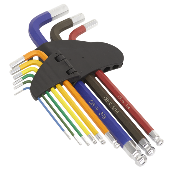 Ball-End Hex Key Set 9pc Long Colour-Coded Imperial