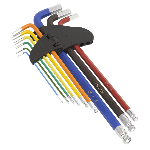 Ball-End Hex Key Set Extra Long 9pc Colour-Coded Imperial
