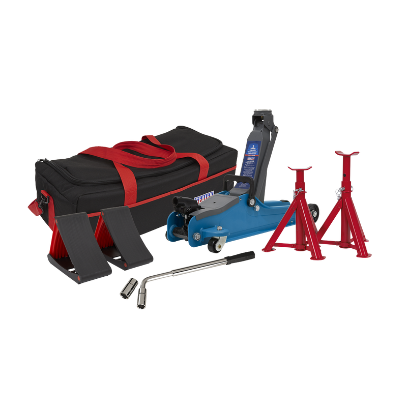 Trolley Jack 2tonne Low Entry Short Chassis - Blue and Accessories Bag Combo | Pipe Manufacturers Ltd..