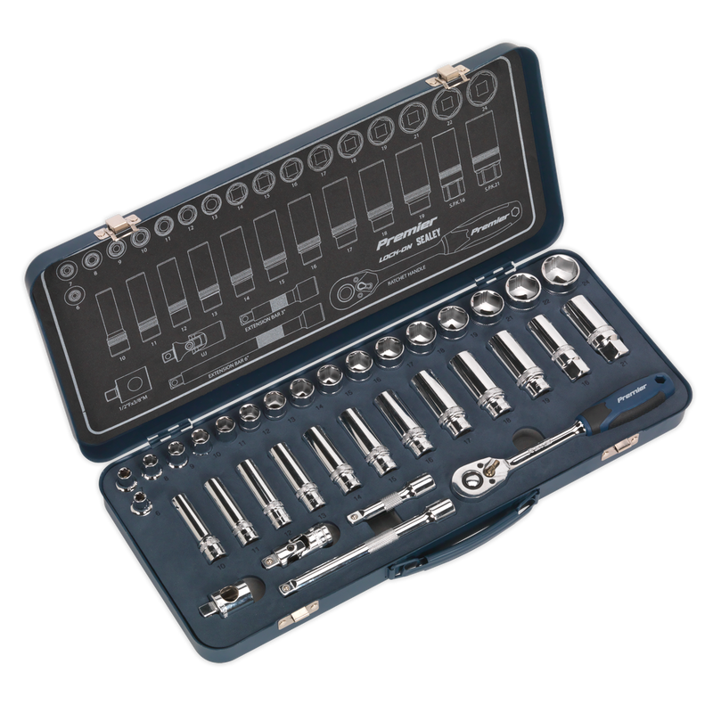 Socket Set 34pc 3/8"Sq Drive Lock-Onª 6pt Metric | Pipe Manufacturers Ltd..