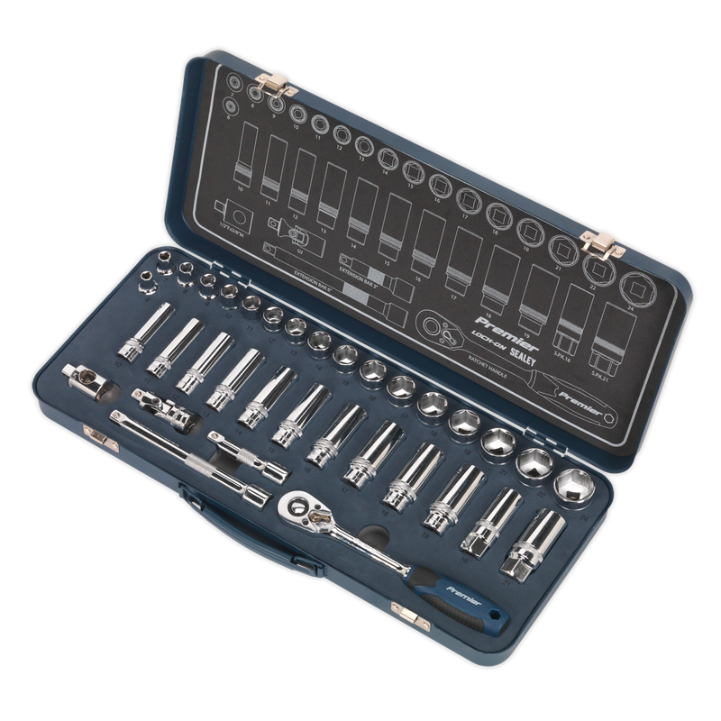 Socket Set 34pc 3/8"Sq Drive Lock-Onª 6pt Metric | Pipe Manufacturers Ltd..