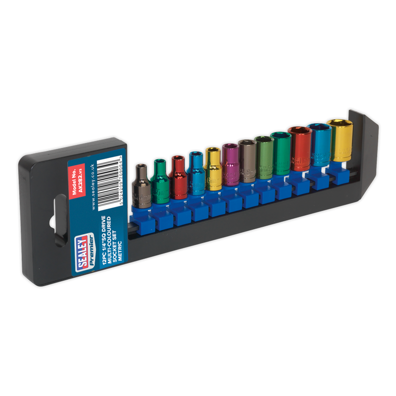 Multi-Coloured Socket Set 12pc 1/4"Sq Drive 6pt WallDrive¨ Metric | Pipe Manufacturers Ltd..