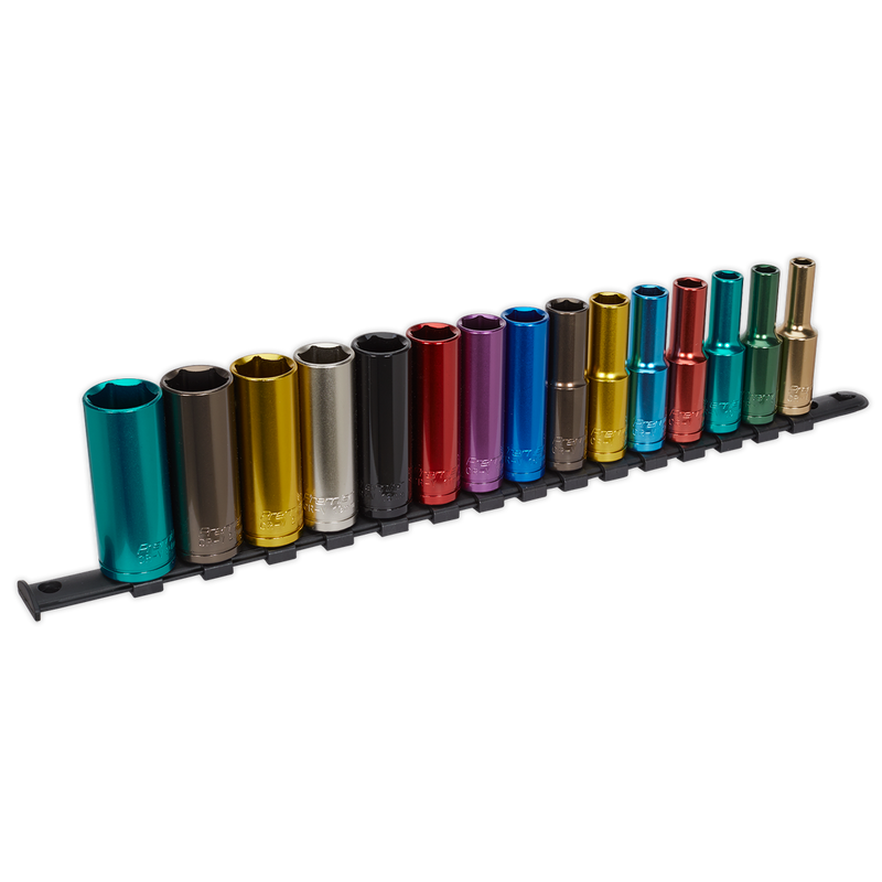 Multi-Coloured Socket Set 15pc 1/2"Sq Drive 6pt Deep WallDrive¨ Metric | Pipe Manufacturers Ltd..