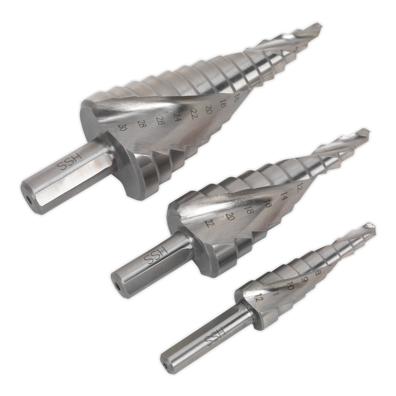 HSS M2 Step Drill Bit Set 3pc Spiral Flute | Pipe Manufacturers Ltd..