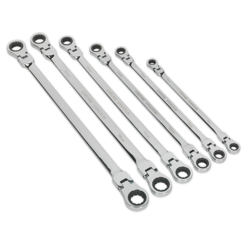 Flexi-Head Double End Ratchet Ring Spanner Set 6pc Extra Long Metric | Pipe Manufacturers Ltd..