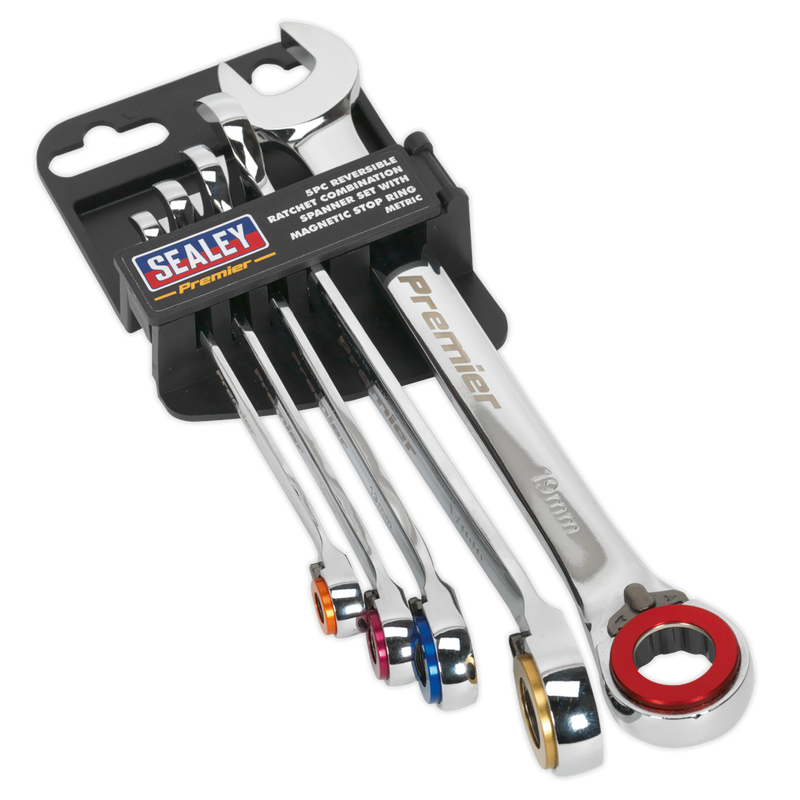 Reversible Combination Ratchet Spanner Set 5pc with Magnetic Stop Ring Metric | Pipe Manufacturers Ltd..