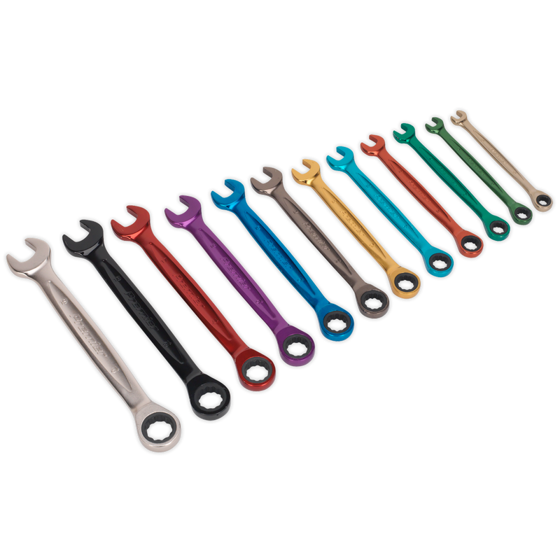 Combination Ratchet Spanner Set 12pc Multi-Coloured Metric | Pipe Manufacturers Ltd..