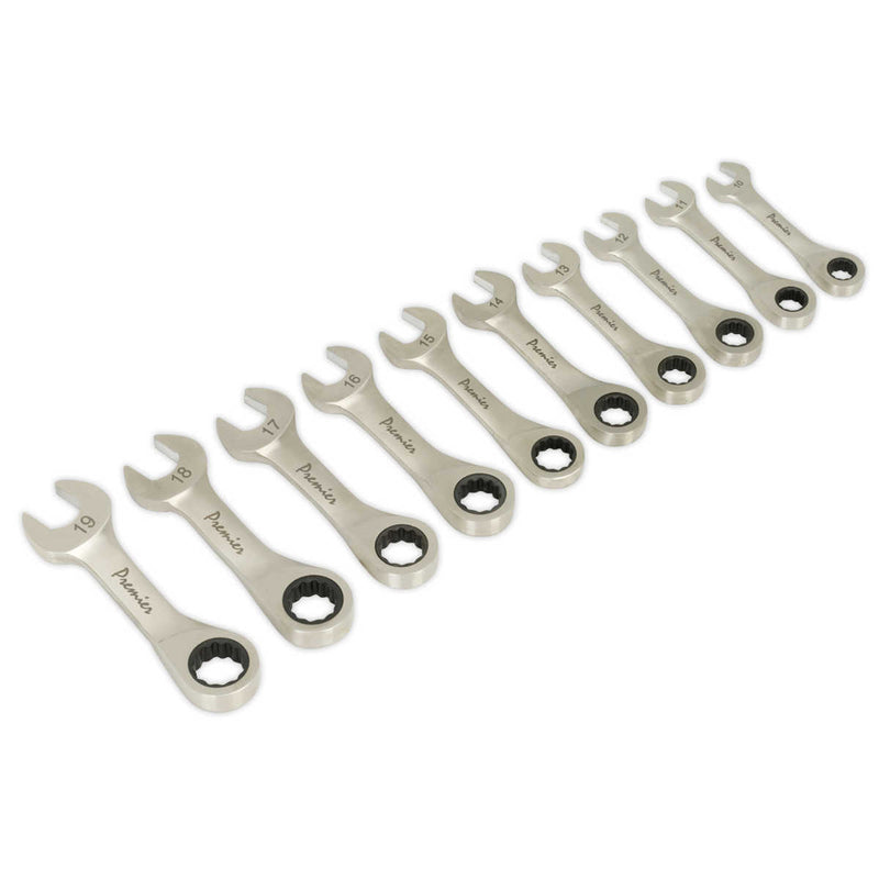 Combination Ratchet Spanner Set Stubby Stainless Steel 10pc Metric