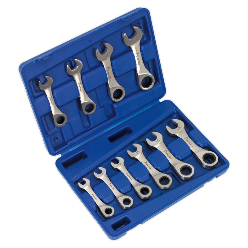 Combination Ratchet Spanner Set Stubby Stainless Steel 10pc Metric