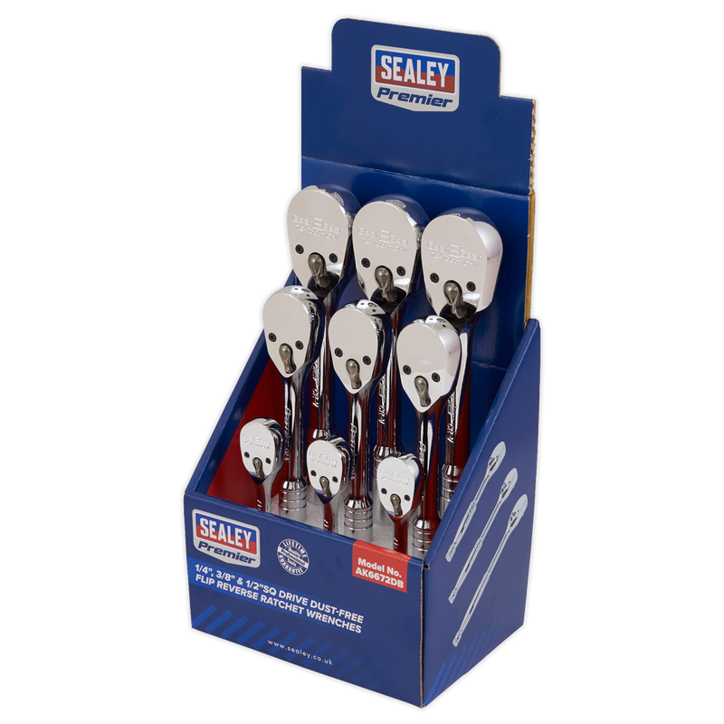 Ratchet Wrenches 1/4", 3/8" & 1/2"Sq Drive Pear-Head Flip Reverse Display Box of 9 | Pipe Manufacturers Ltd..