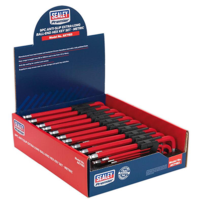 Ball-End Hex Key Set 9pc Extra Long Anti-Slip Display Box of 10 | Pipe Manufacturers Ltd..