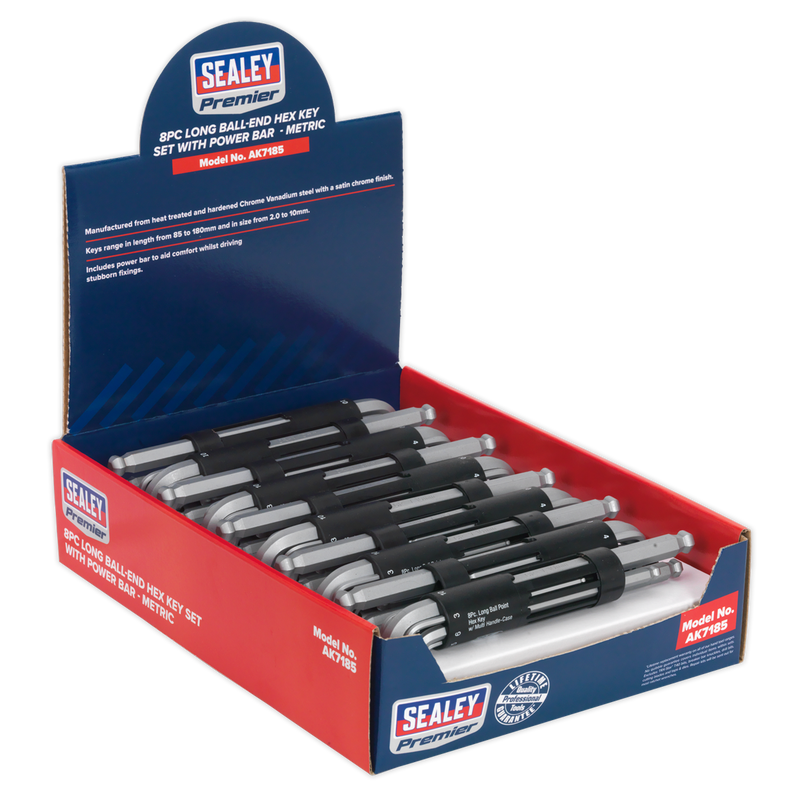 Ball-End Hex Key Set with Power Bar 8pc Long Display Box of 10 | Pipe Manufacturers Ltd..