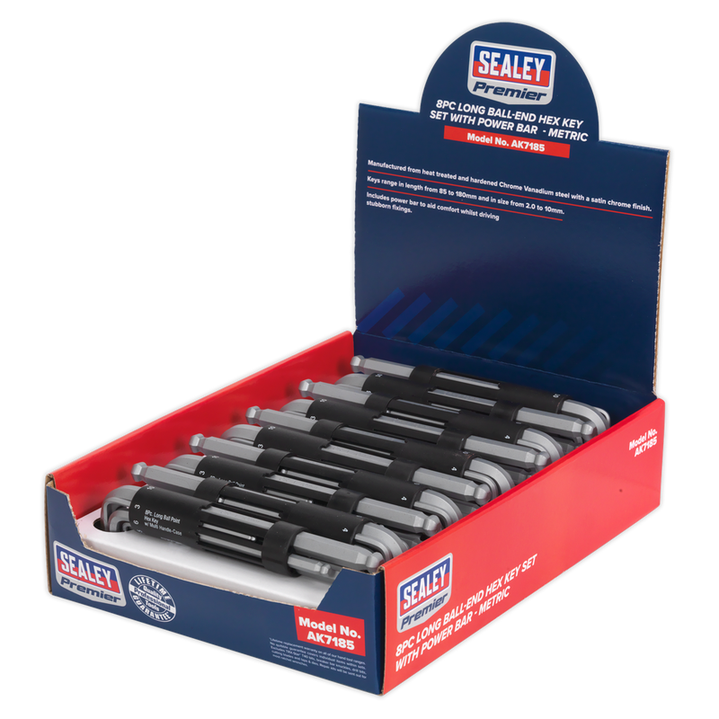 Ball-End Hex Key Set with Power Bar 8pc Long Display Box of 10 | Pipe Manufacturers Ltd..