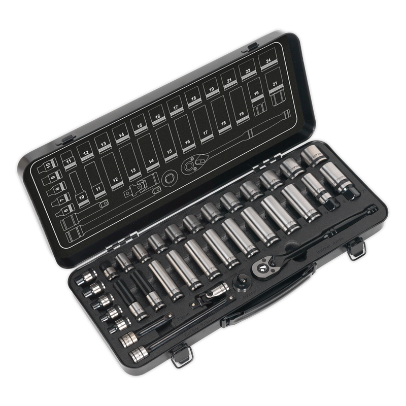 Socket Set 34pc 3/8"Sq Drive 6pt WallDrive¨ Metric Black Series | Pipe Manufacturers Ltd..