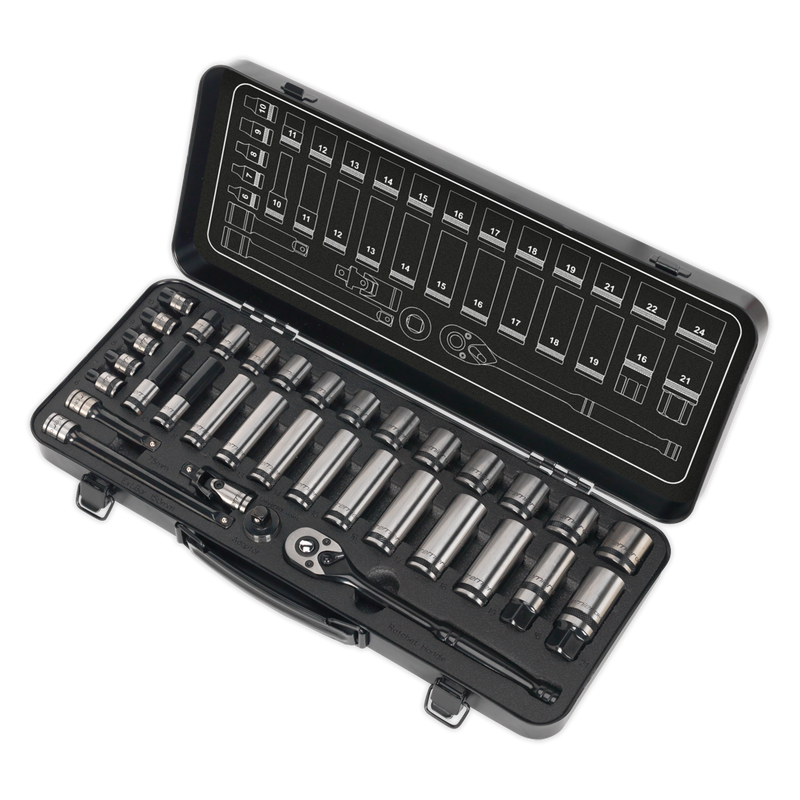 Socket Set 34pc 3/8"Sq Drive 6pt WallDrive¨ Metric Black Series | Pipe Manufacturers Ltd..