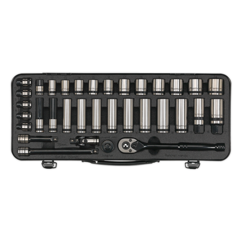 Socket Set 34pc 3/8"Sq Drive 6pt WallDrive¨ Metric Black Series | Pipe Manufacturers Ltd..