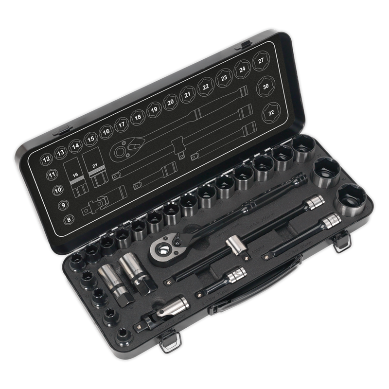 Socket Set 28pc 1/2"Sq Drive 6pt WallDrive¨ Metric Black Series | Pipe Manufacturers Ltd..