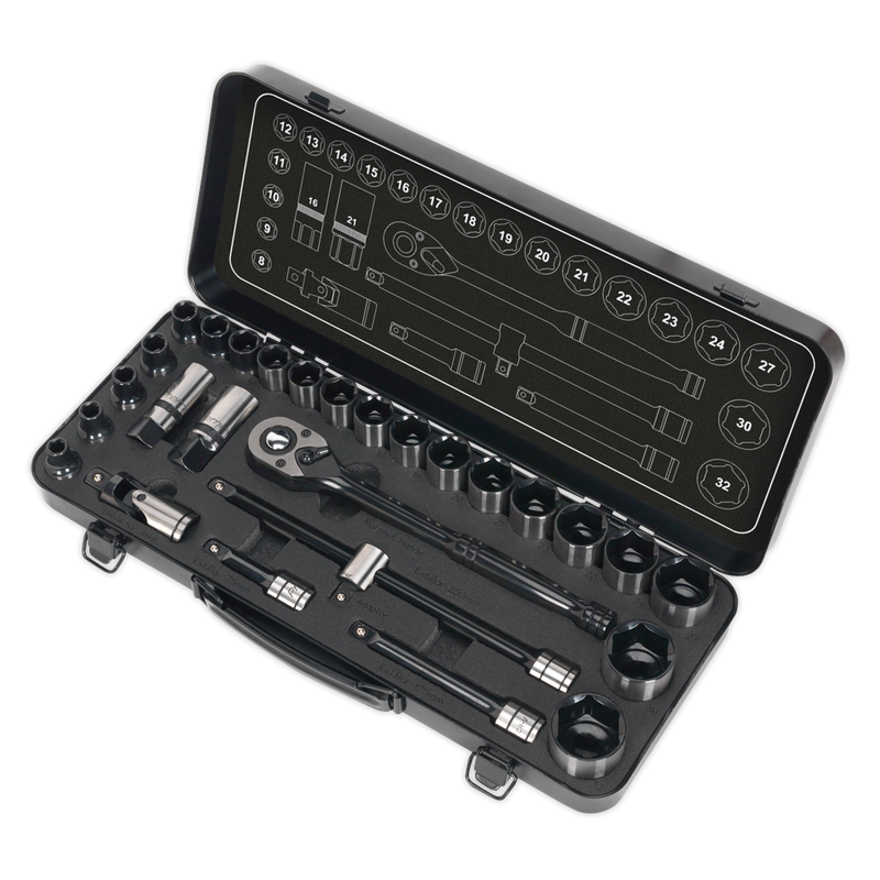 Socket Set 28pc 1/2"Sq Drive 6pt WallDrive¨ Metric Black Series | Pipe Manufacturers Ltd..