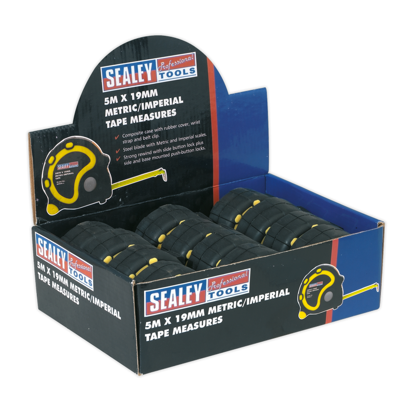 Rubber Tape Measure 5m(16ft) x 19mm Metric/Imperial Display Box of 12 | Pipe Manufacturers Ltd..