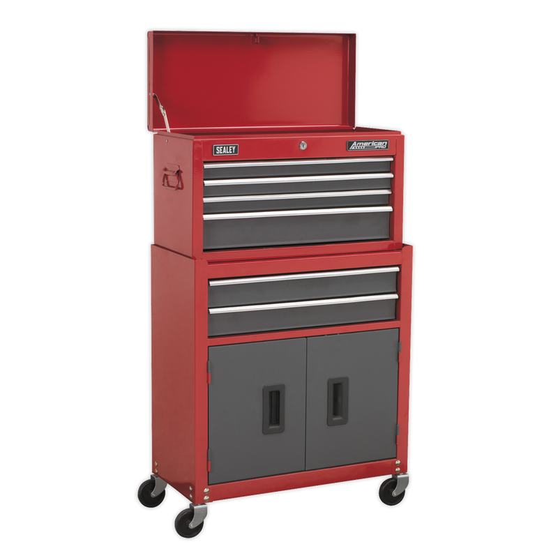 Topchest & Rollcab Combination 6 Drawer with Ball Bearing Slides - Red/Grey | Pipe Manufacturers Ltd..