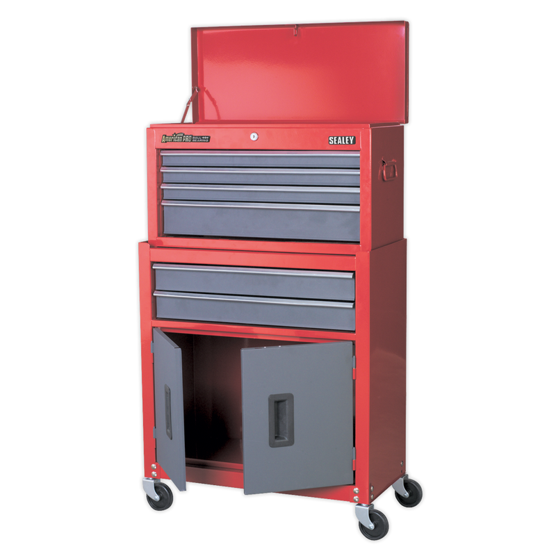 Topchest & Rollcab Combination 6 Drawer with Ball Bearing Slides - Red/Grey | Pipe Manufacturers Ltd..