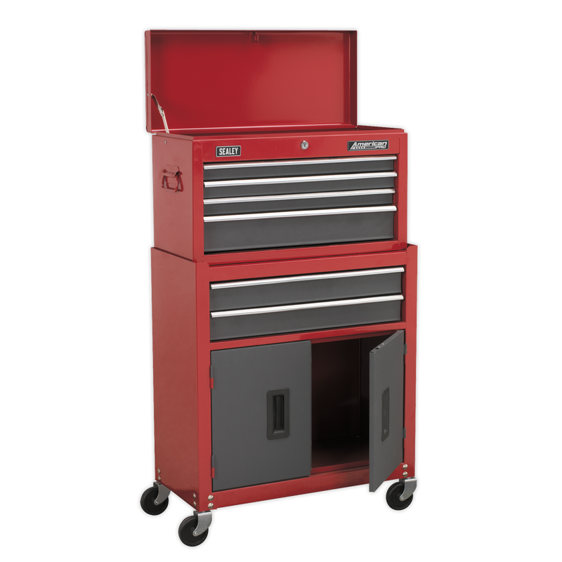 Topchest & Rollcab Combination 6 Drawer with Ball Bearing Slides - Red/Grey | Pipe Manufacturers Ltd..