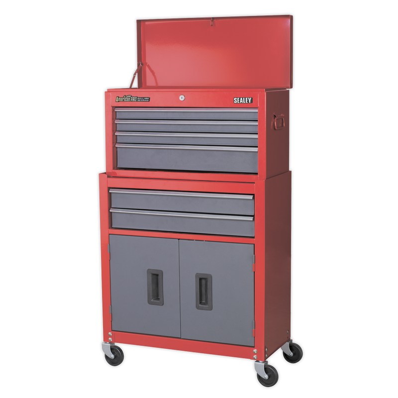 Topchest & Rollcab Combination 6 Drawer with Ball Bearing Slides - Red/Grey | Pipe Manufacturers Ltd..