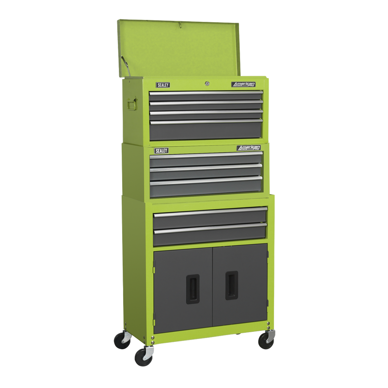 Topchest, Mid-Box & Rollcab 9 Drawer Stack - Hi-Vis Green | Pipe Manufacturers Ltd..