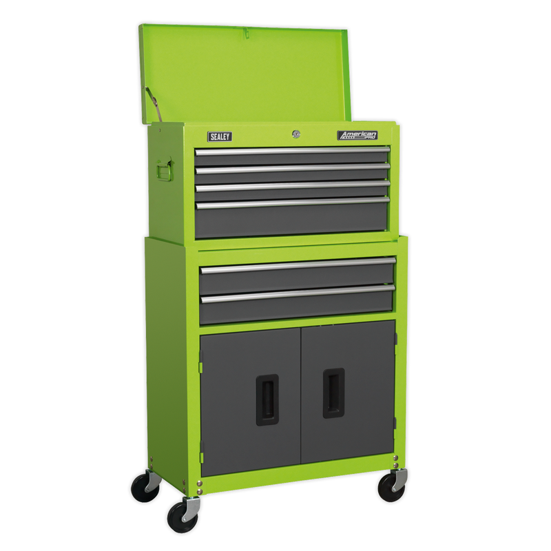 Topchest & Rollcab Combination 6 Drawer with Ball Bearing Slides - Hi-Vis Green/Grey | Pipe Manufacturers Ltd..