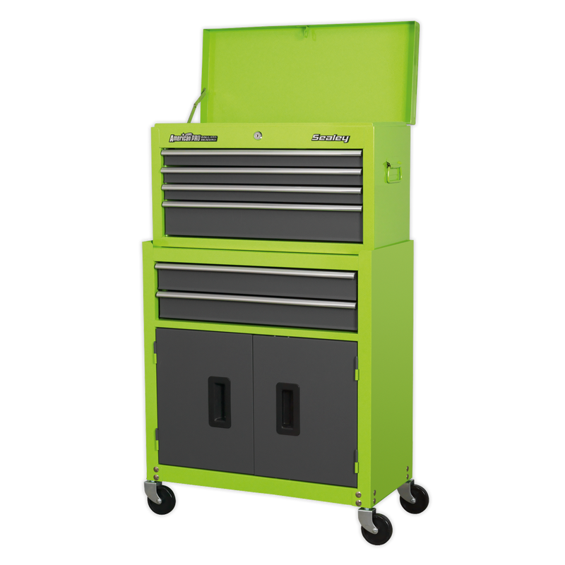 Topchest & Rollcab Combination 6 Drawer with Ball Bearing Slides - Hi-Vis Green/Grey | Pipe Manufacturers Ltd..