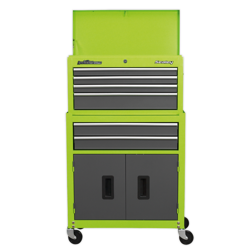 Topchest & Rollcab Combination 6 Drawer with Ball Bearing Slides - Hi-Vis Green/Grey | Pipe Manufacturers Ltd..
