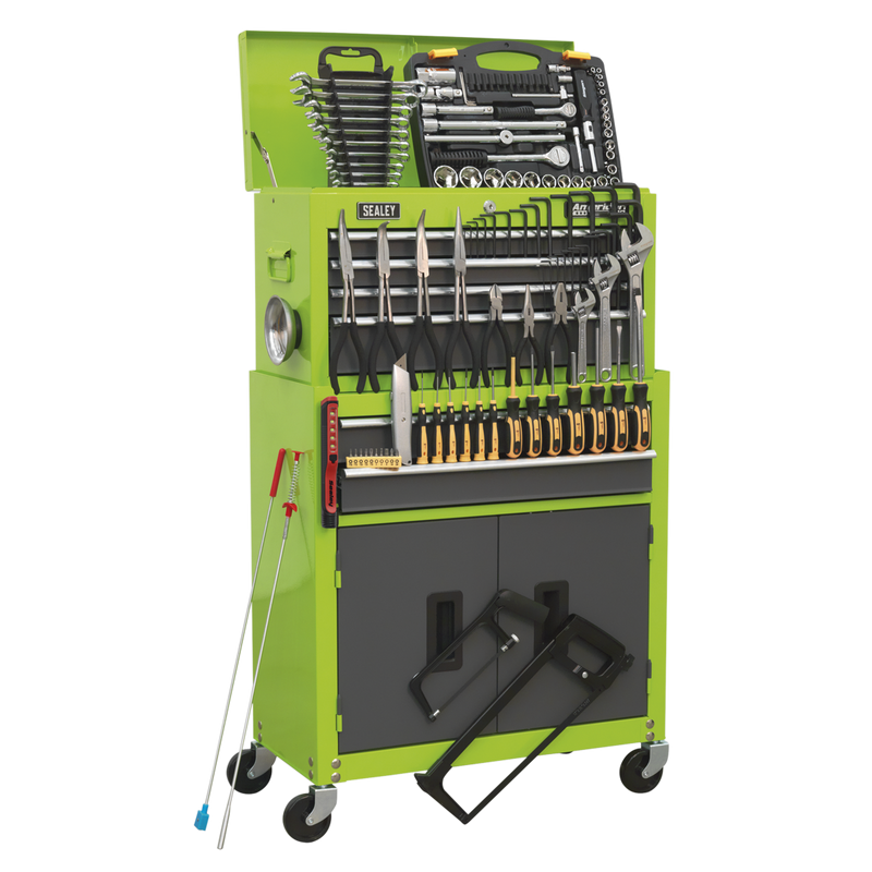 Topchest & Rollcab Combination 6 Drawer Ball Bearing Slides - Hi-Vis Green/Grey & 128pc Tool Kit | Pipe Manufacturers Ltd..