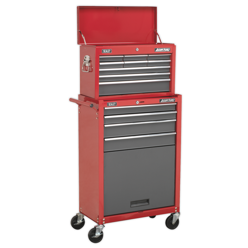 Topchest & Rollcab Combination 13 Drawer with Ball Bearing Slides - Red/Grey | Pipe Manufacturers Ltd..