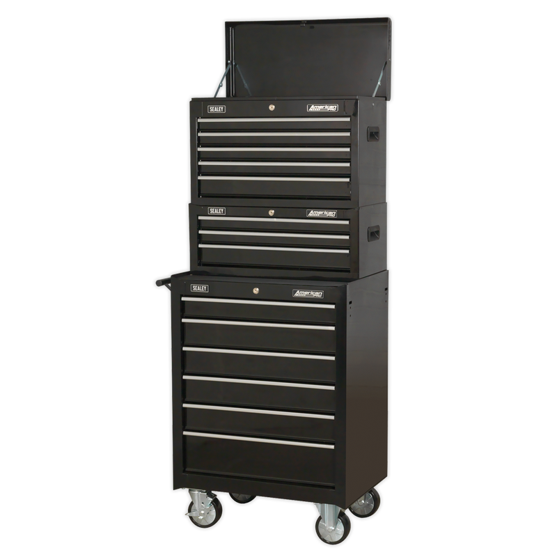 Topchest, Mid-Box & Rollcab 14 Drawer Stack - Black | Pipe Manufacturers Ltd..