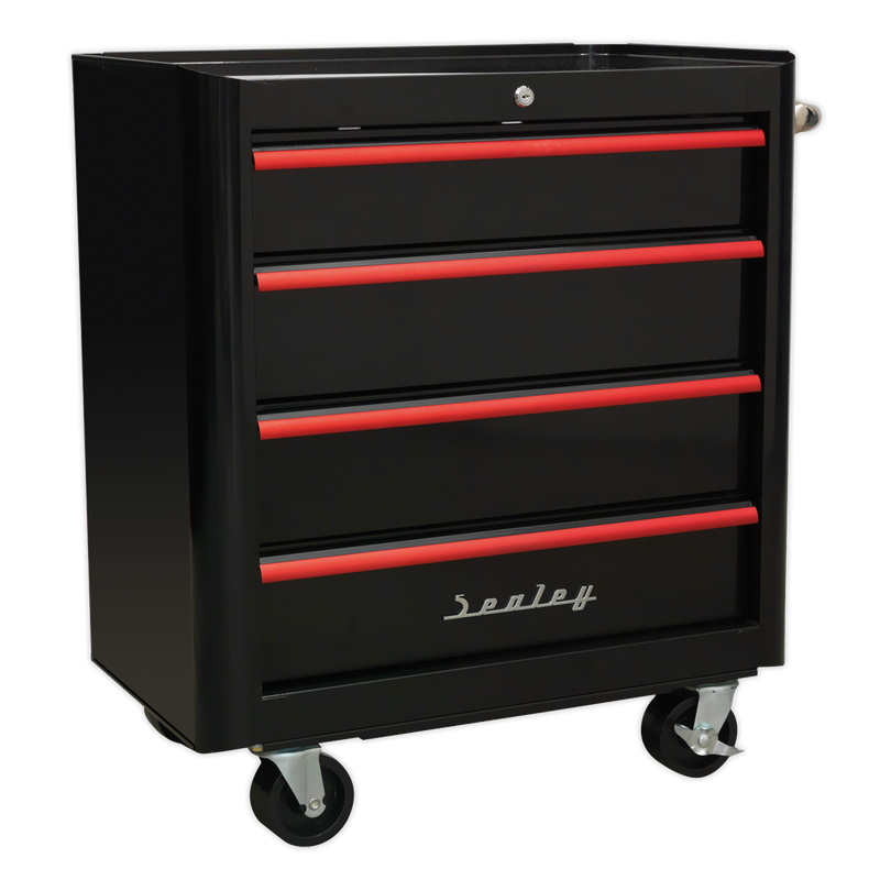 Rollcab 4 Drawer Retro Style- Black with Red Anodised Drawer Pulls | Pipe Manufacturers Ltd..