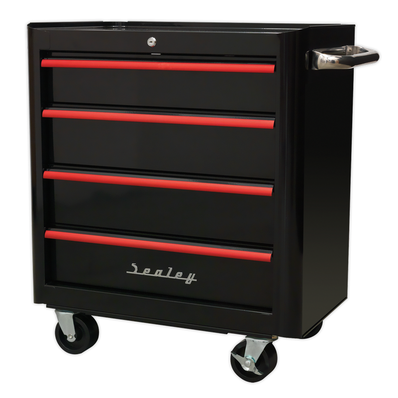 Rollcab 4 Drawer Retro Style- Black with Red Anodised Drawer Pulls | Pipe Manufacturers Ltd..