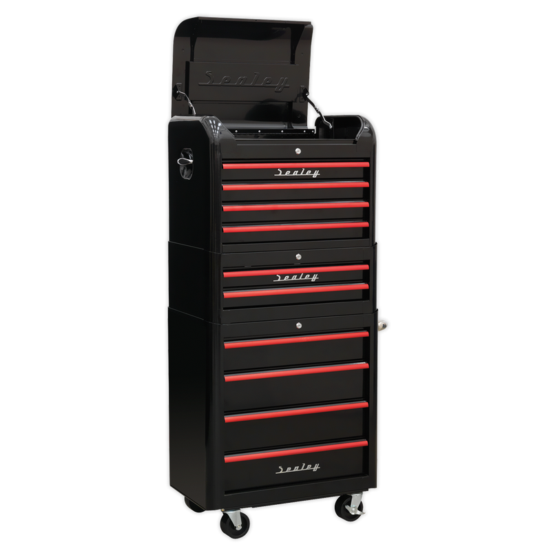 Retro Style Topchest, Mid-Box & Rollcab Combination 10 Drawer - Black with Red Anodised Drawer Pulls | Pipe Manufacturers Ltd..