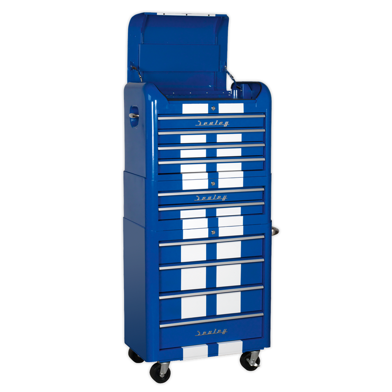 Retro Style Topchest, Mid-Box & Rollcab Combination 10 Drawer Blue/White Stripes | Pipe Manufacturers Ltd..