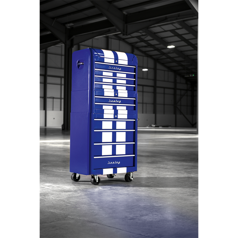 Retro Style Topchest, Mid-Box & Rollcab Combination 10 Drawer Blue/White Stripes | Pipe Manufacturers Ltd..