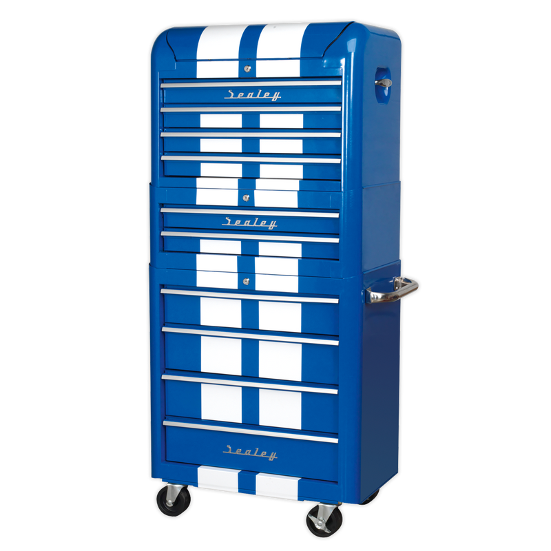 Retro Style Topchest, Mid-Box & Rollcab Combination 10 Drawer Blue/White Stripes | Pipe Manufacturers Ltd..