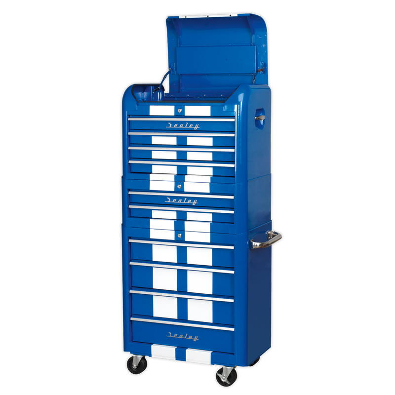 Retro Style Topchest, Mid-Box & Rollcab Combination 10 Drawer Blue/White Stripes | Pipe Manufacturers Ltd..