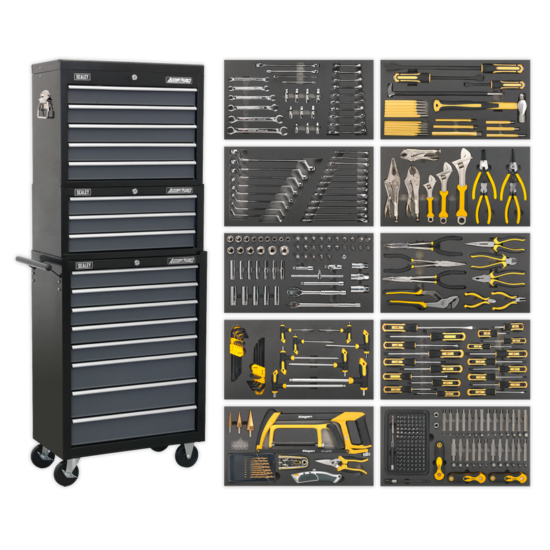 Tool Chest Combination 16 Drawer with Ball Bearing Slides - Black/Grey & 420pc Tool Kit | Pipe Manufacturers Ltd..