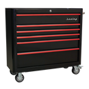 Rollcab 6 Drawer Wide Retro Style - Black with Red Anodised Drawer Pulls | Pipe Manufacturers Ltd..