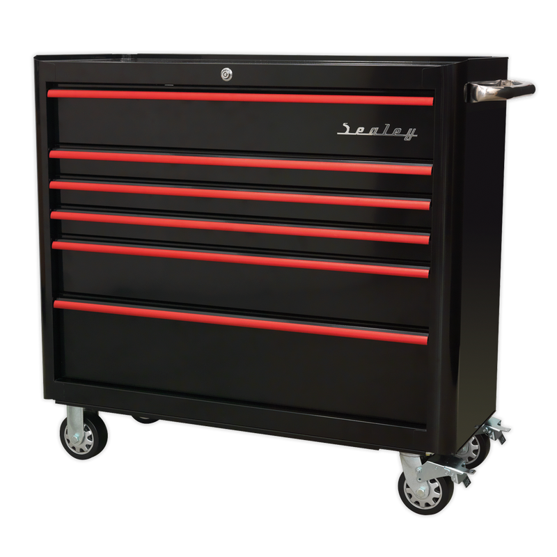 Rollcab 6 Drawer Wide Retro Style - Black with Red Anodised Drawer Pulls | Pipe Manufacturers Ltd..