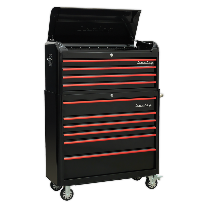 Retro Style Extra Wide Topchest & Rollcab Combination 10 Drawer-Black with Red Anodised Drawer Pull | Pipe Manufacturers Ltd..