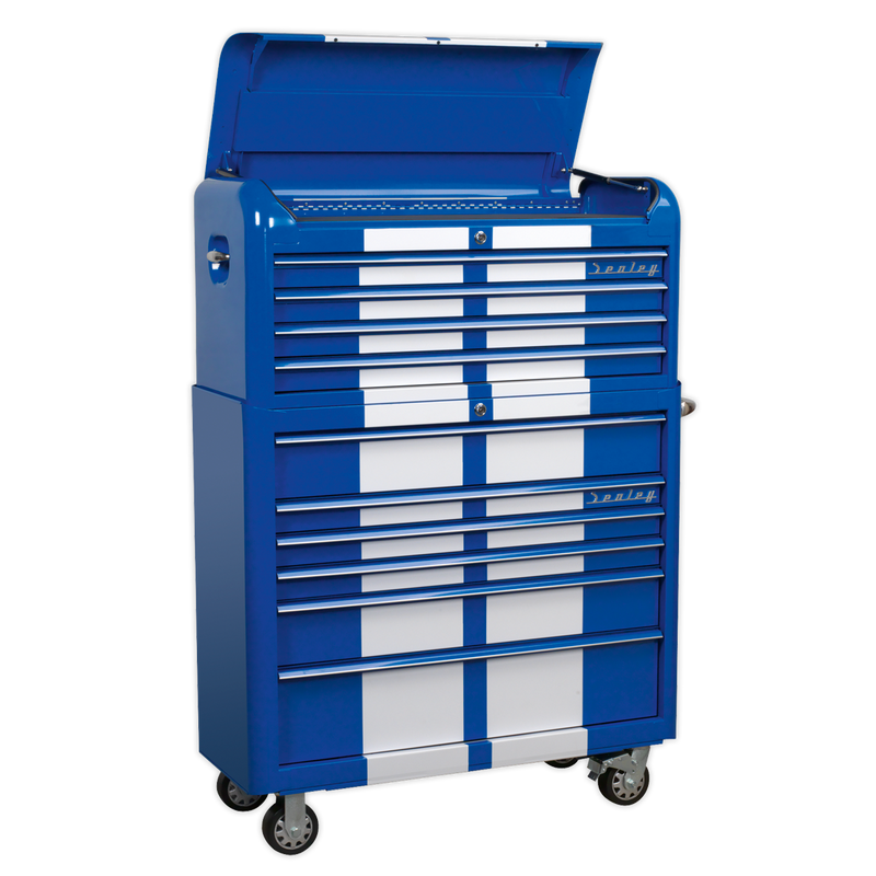 Retro Style Extra Wide Topchest & Rollcab Combination 10 Drawer Blue/White Stripes | Pipe Manufacturers Ltd..