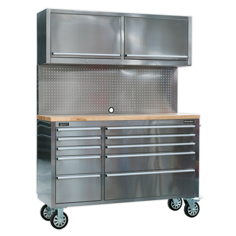 Mobile Stainless Steel Tool Cabinet 10 Drawer with Backboard & 2 Wall Cupboards | Pipe Manufacturers Ltd..