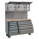 Mobile Stainless Steel Tool Cabinet 10 Drawer with Backboard & 2 Wall Cupboards | Pipe Manufacturers Ltd..