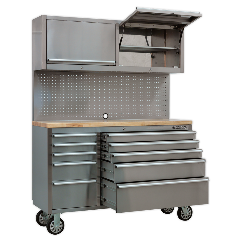 Mobile Stainless Steel Tool Cabinet 10 Drawer with Backboard & 2 Wall Cupboards | Pipe Manufacturers Ltd..